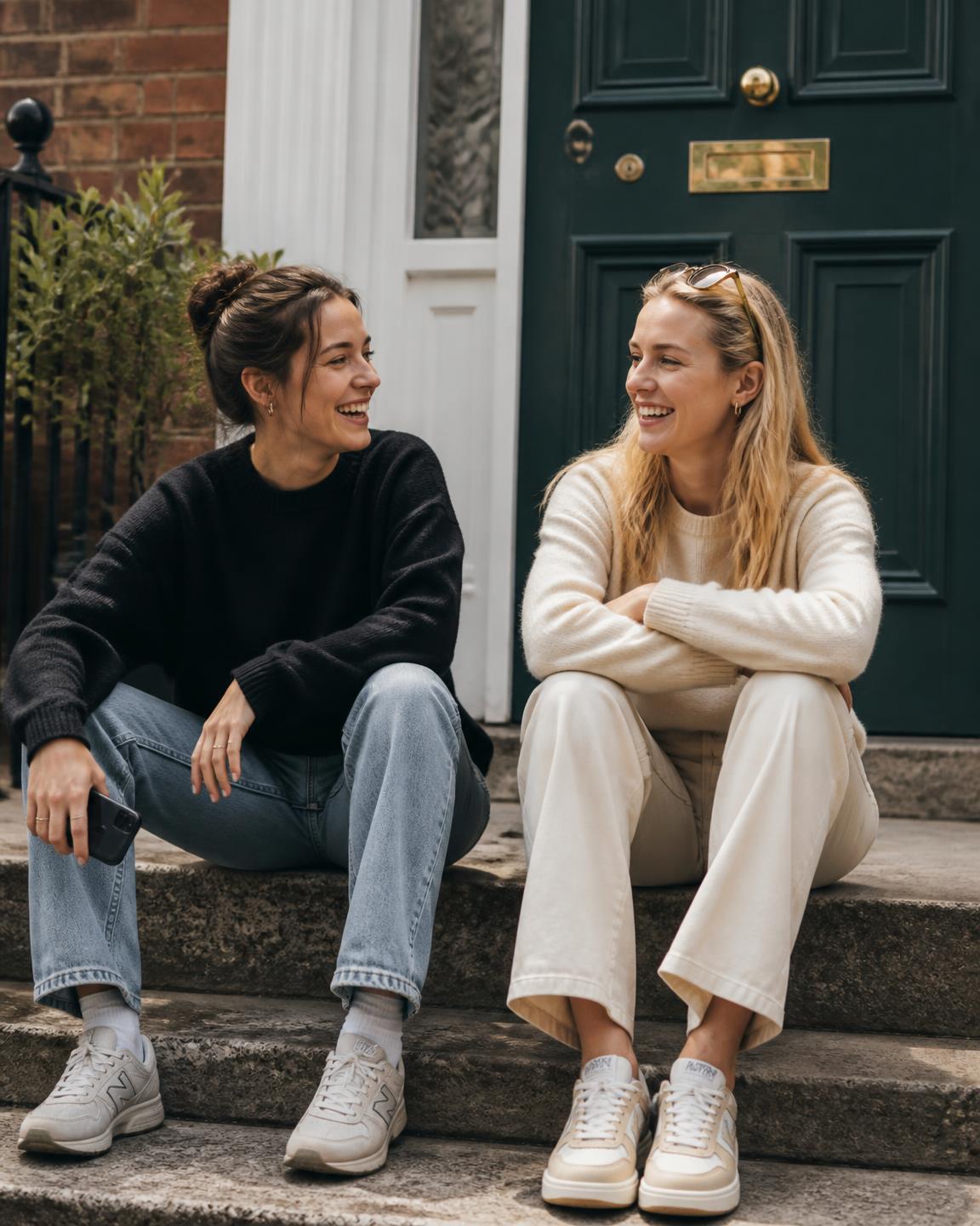 Two friends sitting and chatting on a sunlit Dublin doorstep