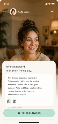 Kindword app screen showing a message being written to Aoife